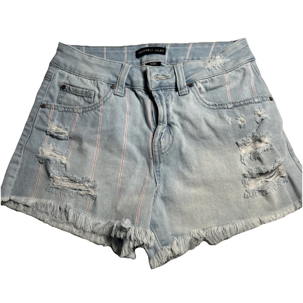Women's Blue Denim Sincerely Jules Pink Striped Shorts Size 1/25  Distress(186)